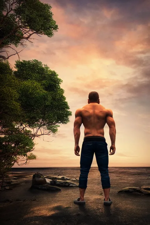 Image similar to a very muscular and defined man wearing ripped pants and shirt looking to the sea at sunset, godrays, complementary colors, natural lighting, portait image, path tracing, serene landscape, high quality, highly detailed, 8K, soft colors, warm colors, turbulent sea, high coherence, anatomically correct, hyperrealistic, concept art, defined face, five fingers, looking to the camera