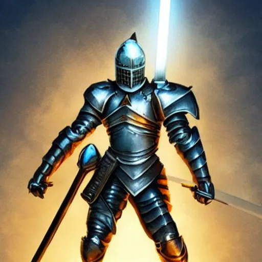 Image similar to Knight of the Light holds a glowing sword in front of him, fantastic art