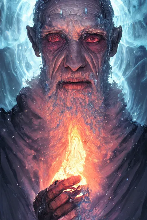 Image similar to the look of an elderly person, necromancer, witch - doctor covered with ice exploding into fire, full of wrinkles and imperfections by artgem and greg rutkowski, highly detailed, high contrast, light reflection, trippy, nebula, trending on artstation