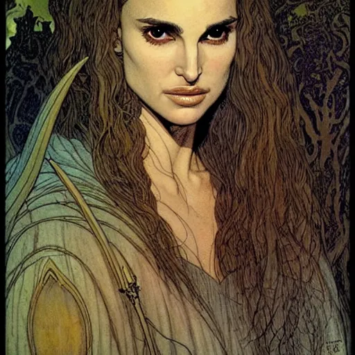 Image similar to a realistic and very beautiful and atmospheric portrait of a young natalie portman as a druidic wizard looking at the camera with an intelligent but seductive gaze by rebecca guay, michael kaluta, charles vess and jean moebius giraud