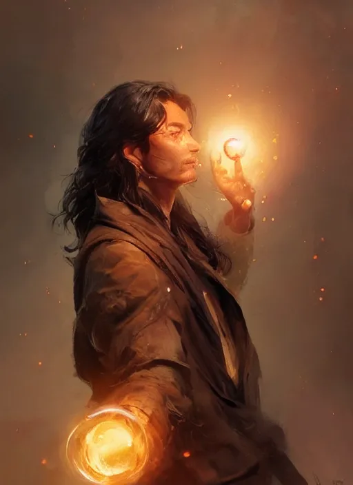 Image similar to side profile of a man with long black hair in brown rags holding a magical orb, fantasy, intricate, sharp focus, lens flare, bloom, illustration, highly detailed, digital painting, concept art, matte, art by ruan jia and wlop and greg rutkowski, masterpiece