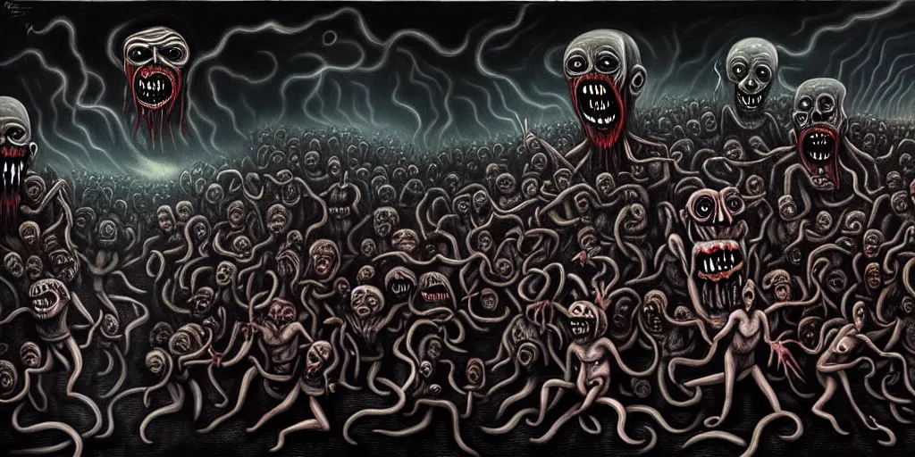 Image similar to repressed emotion creatures and monsters at the mouth of hell, attempting to escape and start a revolution, in a dark surreal painting by ronny khalil