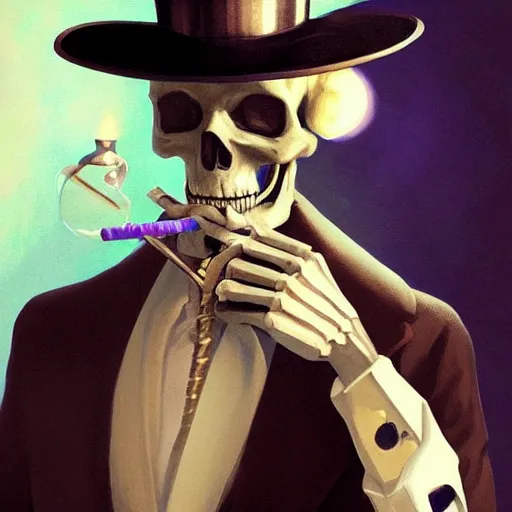 Image similar to close portrait of a fancy skeleton with a top hat, smoking a pipe, vaporwave, bedroom, highly detailed, digital painting, artstation, concept art, smooth, sharp focus, illustration, art by artgerm and greg rutkowski and alphonse mucha