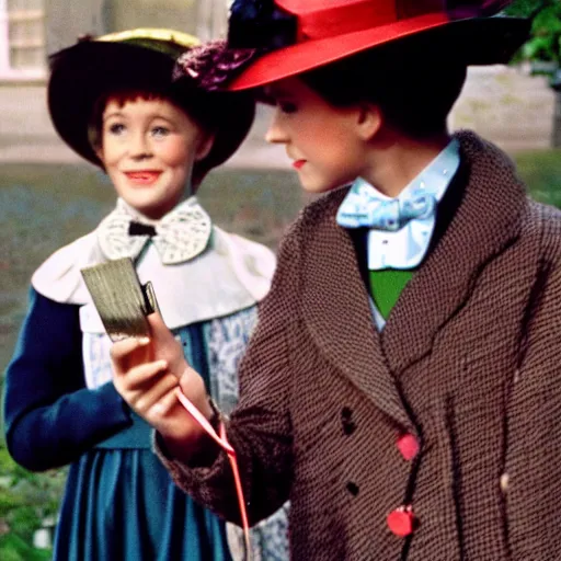 Image similar to Mary Poppins (played by Julie Andrews) handing children cigarettes and a zippo lighter, colorized