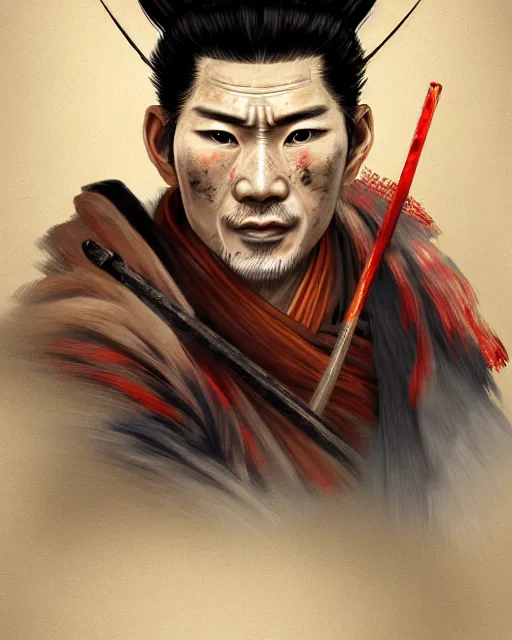 Image similar to portrait of Sekiro, by SIXMOREVODKA, trending on artstation, fine details, realistic shading, painted texture, full of color, cinematic lighting, atmosphere, 8k ultra realistic