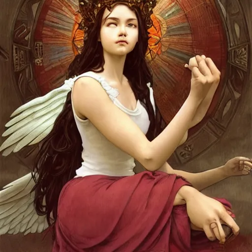 Image similar to Sitting angel girl from TLOU that holding crown in hands, highly detailed, digital painting, artstation, concept art, smooth, sharp focus, illustration, ArtStation, art by artgerm and greg rutkowski and alphonse mucha and J. C. Leyendecker and Edmund Blair Leighton and Katsuhiro Otomo and Geof Darrow and Phil hale and Ashley wood and Ilya repin and Charlie Bowate