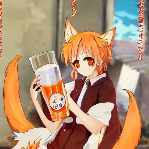 Image similar to senko-san anime kitsune foxgirl drinks beer trending on pixiv orange hair orange tail