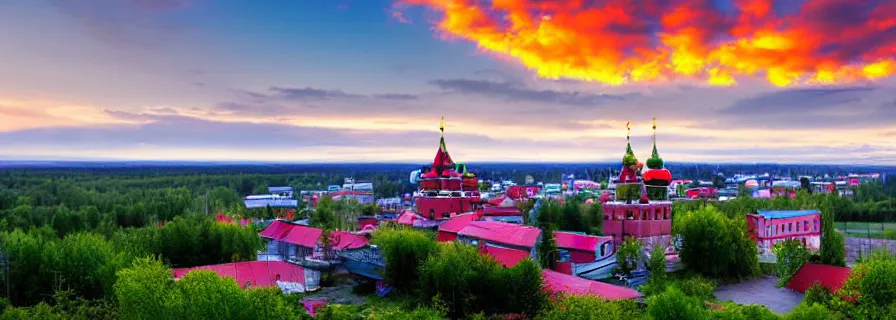 Image similar to view on sleeping district in province russian town at morning sunrise, romantic lighting, squared buildings, trees