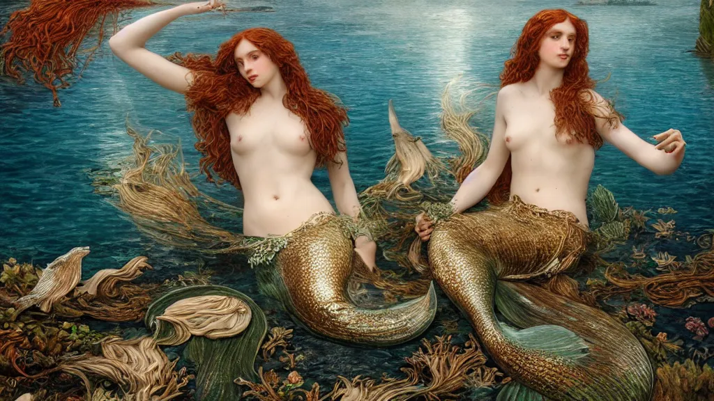 Prompt: by pre - raphaelite brotherhood, fine art, 8 k, lonely, lumen global illumination, insanely detailed and intricate, hypermaximalist, elegant, ornate, hyper realistic, super detailed, mermaid