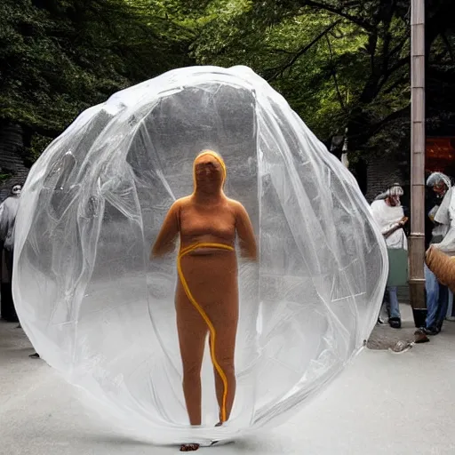 Image similar to a person who is completely wrapped in saran - wrap, photograph, art installation of people wrapped in clingwrap