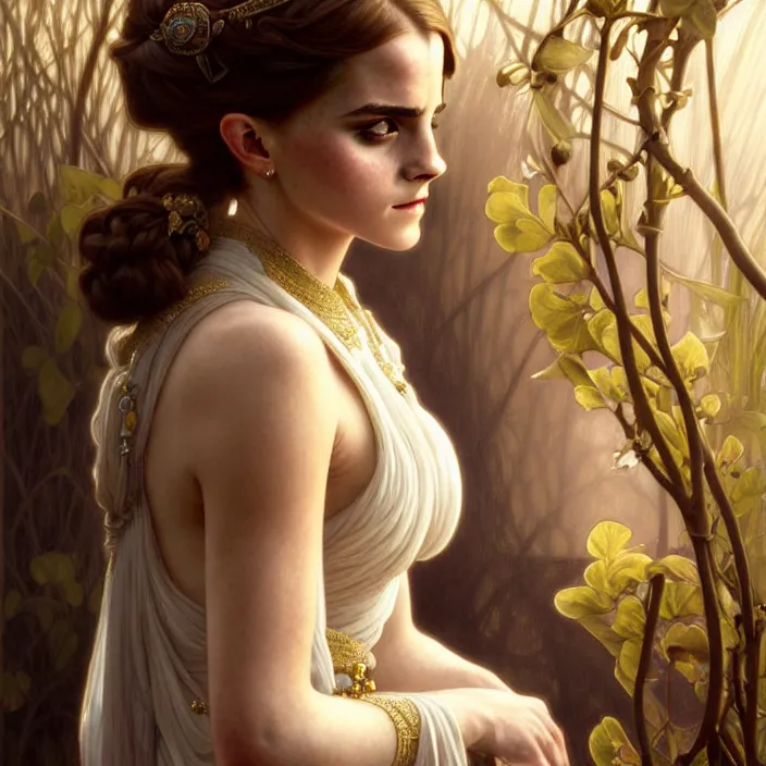 Image similar to ancient queen elegant naive emma watson, symetrical, diffuse lighting, fantasy, intricate, elegant, highly detailed, lifelike, photorealistic, digital painting, artstation, illustration, concept art, 4 k, smooth, sharp focus, art by john collier and albert aublet and krenz cushart and artem demura and alphonse mucha