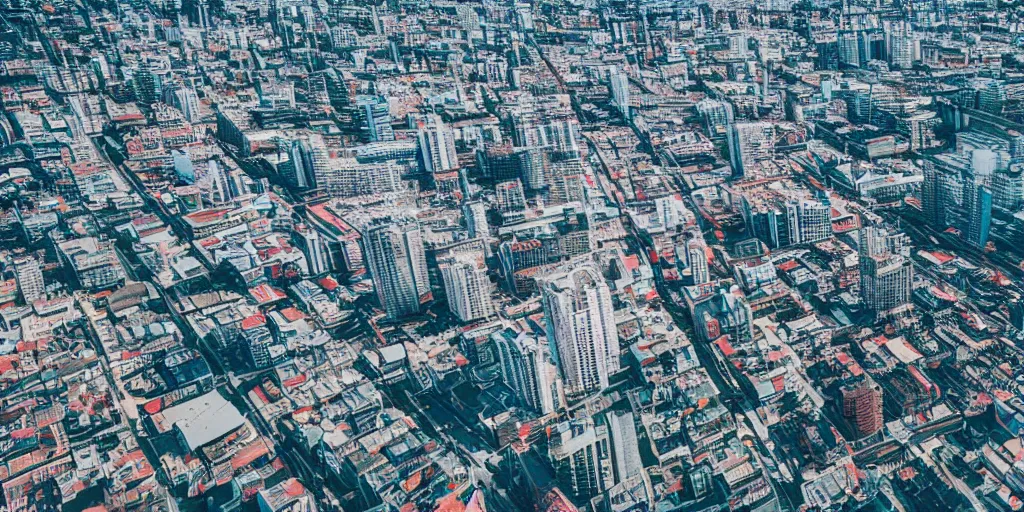 Prompt: drone view of a city with a large road through Brutalist architecture,sharp focus telephoto lens digital art 4k