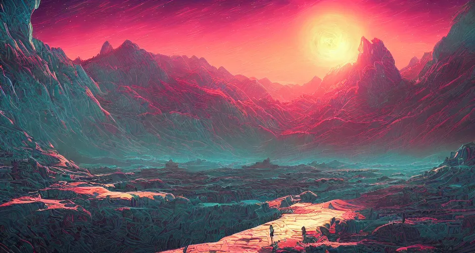 Prompt: a scifi landscape painting by Dan Mumford,trending on artstation,intricate,2d,4k,pastel colors