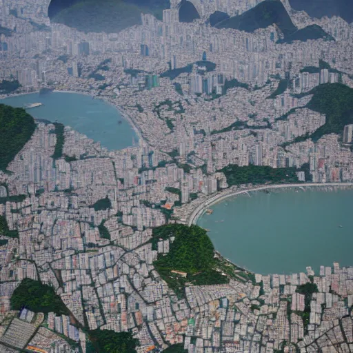 Image similar to view while parachuting down towards the slums of Rio, highly detailed, realistic