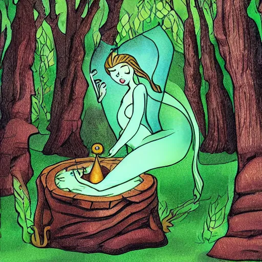 Image similar to a green genie surrounded by forest, fantasy illustration