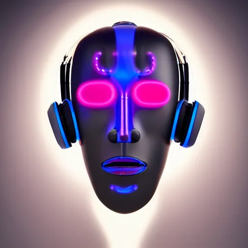 Prompt: a glossy claymodel of a tribal futurism robot head with glowing headphones, 8 k, symetrical, flourescent colors, halluzinogenic, multicolored, very detailed, black background, 3 d render,