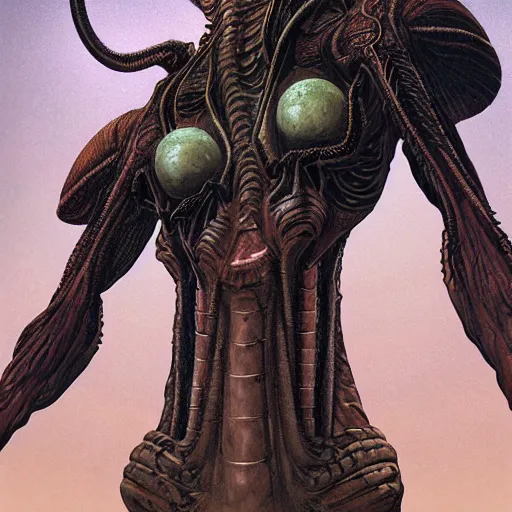 Image similar to portrait of tall, long-necked lipless mutant with scaled face and serpent eyes wearing gauze toga and standing in cyberpunk art deco mosque, alien bestiary by Barlowe, Greg Rutkowski, and Yoshitaka Amano