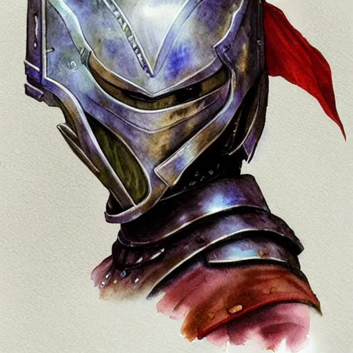 Image similar to watercolor, final fantasy tactics character, wearing plate armor, wearing helmet, faceless, shrouded, artwork by Clyde Caldwell