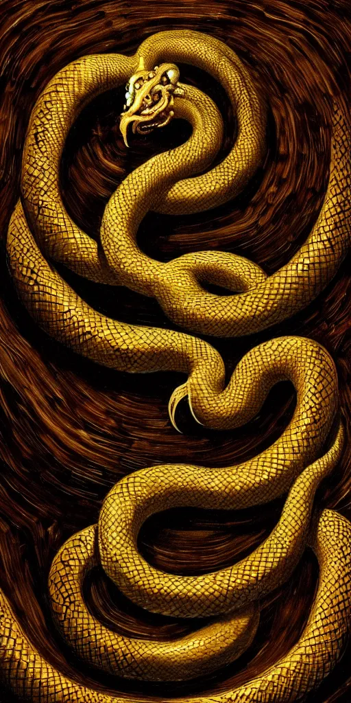 Image similar to concept art of an ouroboro, endless snake, made of gold, on a dark wood background, surrounded by spirals of fog, grimy, gritty, trending on artstation, award winning painting, close portrait, cgi, art by david cronenberg and chris cunningham