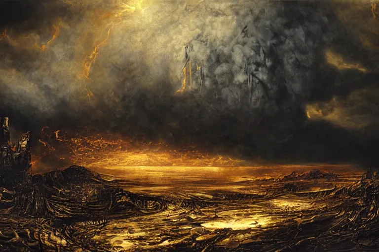 Prompt: dark landscape, ruinous, apocalyptic setting, sunshine through the billowing clouds, golden heavenly light contrasting with a hellish overworld, painting by h. r. giger