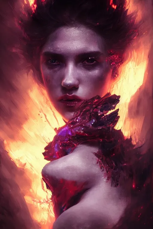 Image similar to a beautiful portrait of a young Demon women covered in deep purple flames with an intense look on her face by Greg Rutkowski, Sung Choi, Mitchell Mohrhauser, Maciej Kuciara, Johnson Ting, Maxim Verehin, Peter Konig, Bloodborne , 8k photorealistic, cinematic lighting, HD, high details, atmospheric , trending on artstation
