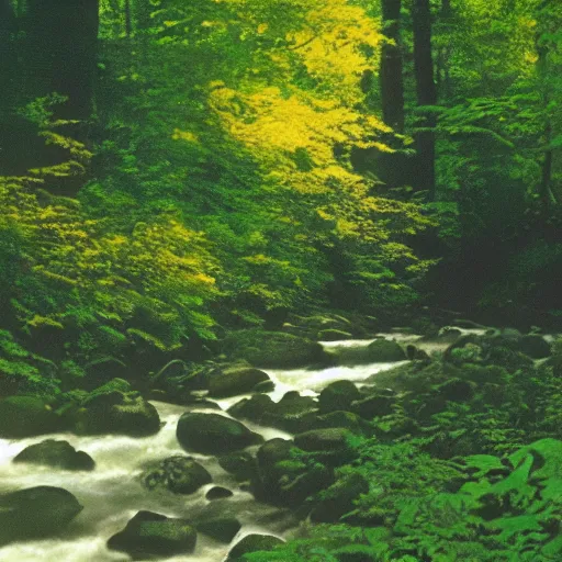 Image similar to a river running through a lush green forest, a jigsaw puzzle by shirley teed, featured on flickr, hudson river school, photo taken with ektachrome, creative commons attribution, photo taken with provia