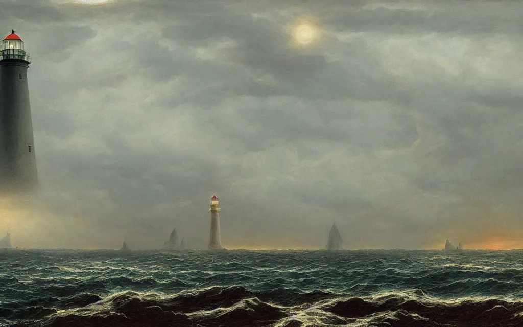 Prompt: a painting of a lighthouse in the middle of the ocean, a matte painting by Caspar David Friedrich, deviantart, gothic art, apocalypse landscape, atmospheric, nightscape