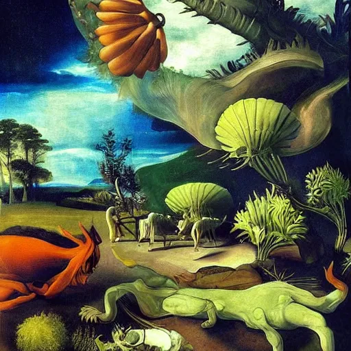 Prompt: the landscape of an alien planet with strange plants and impossible animals. Painting in the style of Caravaggio. Beautiful and colorful.