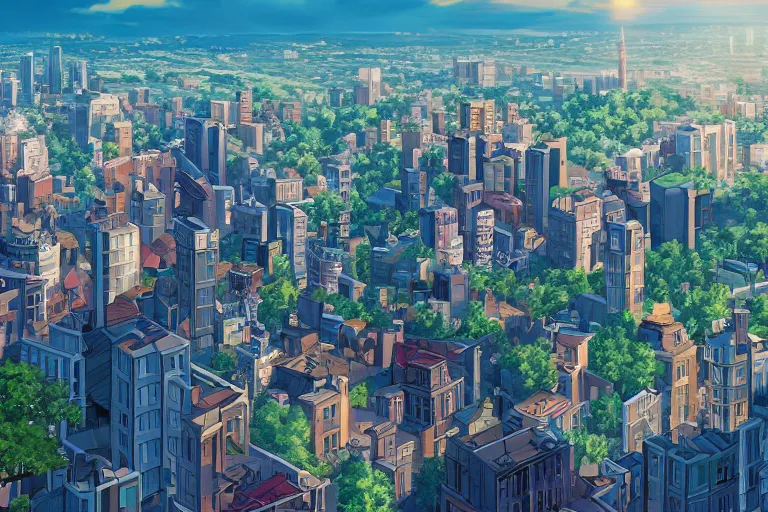 Image similar to a beautiful picture of overlook of city, anime, a girl, detailed, 8 k