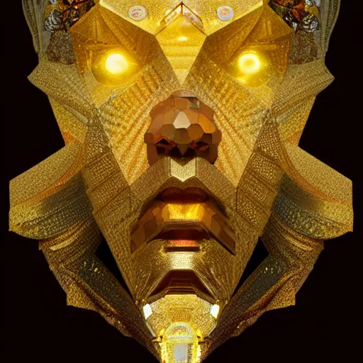 Image similar to halfturn portrait of a big crystal face, made of golden crystals, half - turn, bottom view, ominous, intricate, studio, art by anthony macbain + greg rutkowski + alphonse mucha, concept art, 4 k, sharp focus