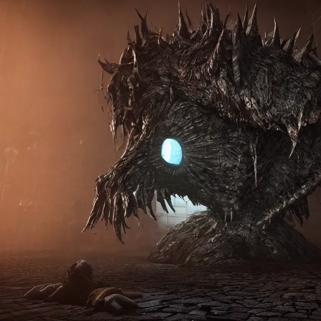 Image similar to eye monster, monster made of eyes as a boss in dark souls, dark cinematic, volumetric, realistic, cinematic lighting, ray tracing, unreal engine 5, unreal engine render, octane render, hyper realistic, photo, 8 k