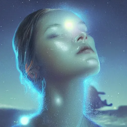 Image similar to sci - fi, close - up, 3 d, moon rays, night, sleepy fashion model face, cinematic, clouds, sun rays, vogue cover style, poster art, blue mood, realistic painting, intricate oil painting, high detail illustration, figurative art, multiple exposure, water, 3 d, by tooth wu and wlop and beeple and greg rutkowski