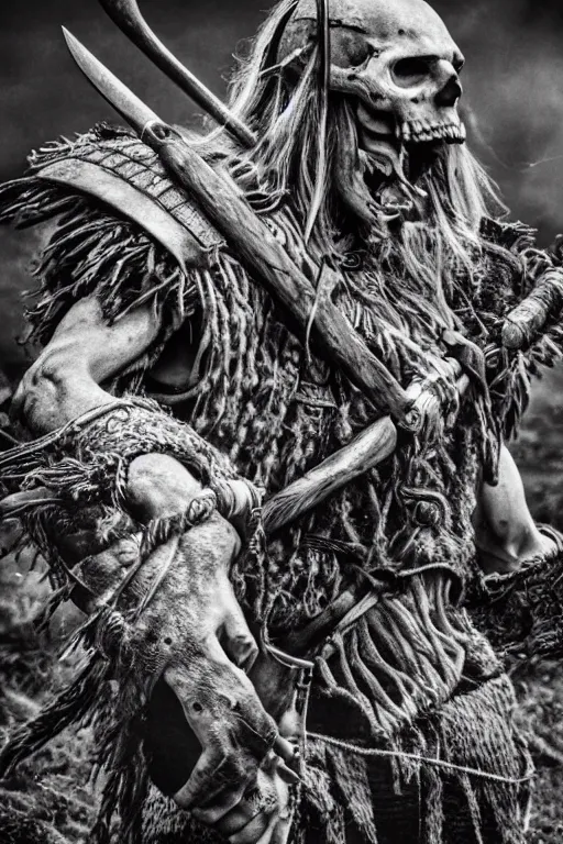 Prompt: realistic photograph of a skeleton viking man in the middle of battle, highly detailed, cinematic, portrait, close - up,