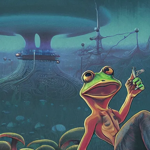 Image similar to A centered chest up portrait of a psychedelic godlike anthropomorphic frog smoking a hand-rolled cigarette , magic mushroom village in background . award winning. superb resolution. in the art style of junji Ito and greg rutkowski . Detailed Mushroom city in background. Hyper realistic anime. Perfect art. Dalle2