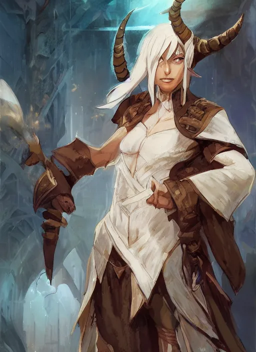 Image similar to concept art painting of an elf with brown skin and short white hair, demon horns, blue tunic and robes, detailed, d & d style, cel shaded, in the style of ruan jia and artgerm and makoto shinkai and james gurney