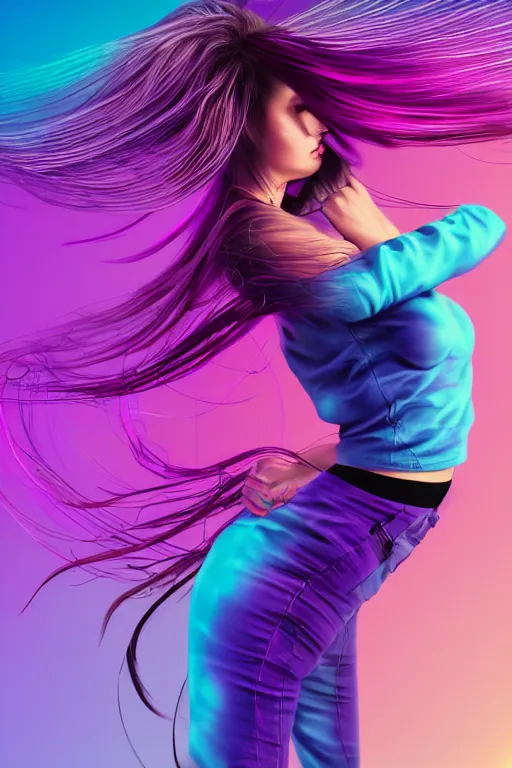 Image similar to a award winning half body portrait of a beautiful woman in a croptop and cargo pants with ombre purple pink teal hairstyle with head in motion and hair flying, surrounded by whirling illuminated lines, outrun, vaporware, shaded flat illustration, digital art, trending on artstation, highly detailed, fine detail, intricate