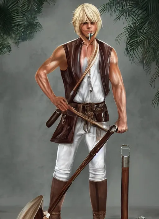 Prompt: a male ranger with a bongo drum and holding nunchaku, wearing a leather vest and white linen pants, chiseled good looks, long swept back blond hair, puka shell necklace, dnd, digital art