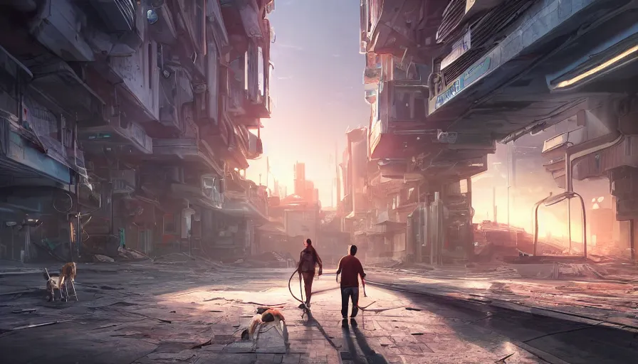 Image similar to man walking his dog in an abandoned futuristic city covered by vegeration, sunset, bright light, hyperdetailed, artstation, cgsociety, 8 k