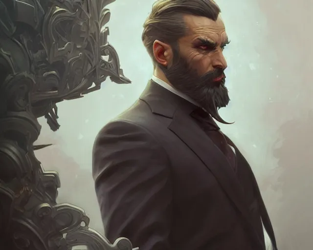 Image similar to handsome and brutal man in suit, deep focus, turnaround, fantasy, intricate, elegant, highly detailed, digital painting, artstation, concept art, matte, sharp focus, illustration, hearthstone, art by artgerm and greg rutkowski and alphonse mucha.