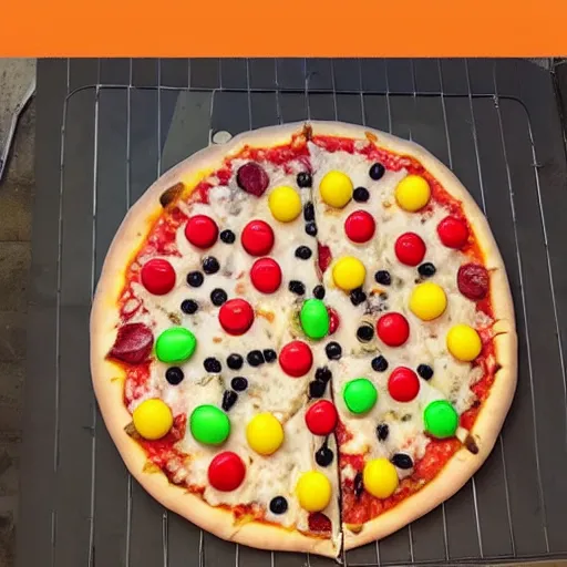 Image similar to a 🍕 🍭🍑🍬🍟🥥🍫🍄🧁🍩 ( ( mega - pizza ) ) made of 🍦🍡🍰🍇🍯🍮🍹🧁