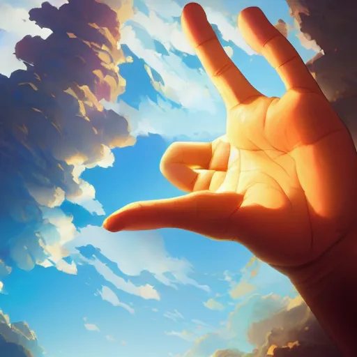 Image similar to a hand reaching out to another hand, behance hd by jesper ejsing, by rhads, makoto shinkai and lois van baarle, ilya kuvshinov, rossdraws global illumination ray tracing hdr radiating a glowing aura