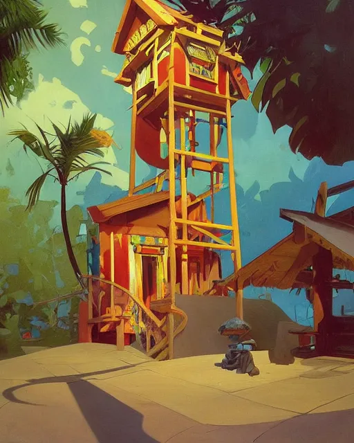 Prompt: a painting of a tribal tiki hut with a totem pole by its side, a surrealist painting by alphonse mucha, beeple, Edward Hopper and James Gilleard, Zdzislaw Beksinsk, by Jesper Ejsing, by RHADS, Makoto Shinkai and Lois van baarle, trending on deviantart, pop surrealism, lowbrow, grotesque, whimsical