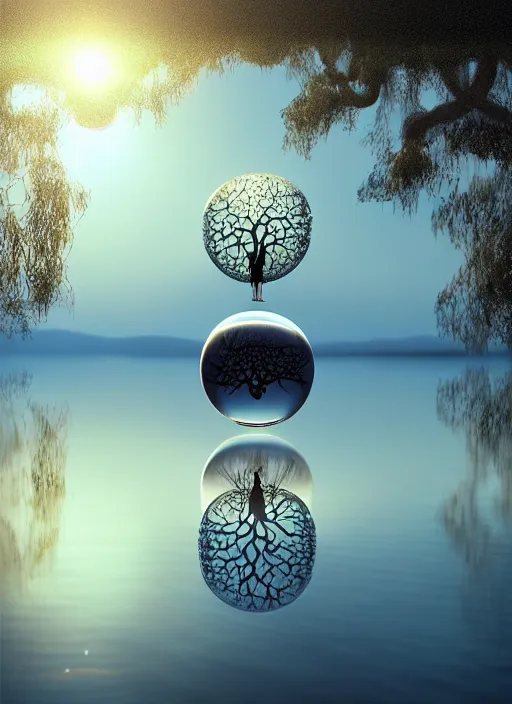 Image similar to transparent horizontally centered crystal ball floating over a serene lake, tree of life inside the ball, intricate details, radiant light, reflections on the water, ripples, moody sky, hyperdetailed illustration by yuumei, by mark brooks, john harris, artstation, low global light, coherent composition