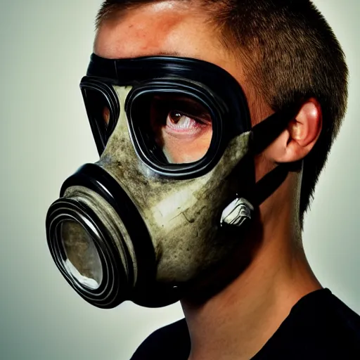 Image similar to a hyper realistic photoshoot of a gas mask with a human skull wearing the mask