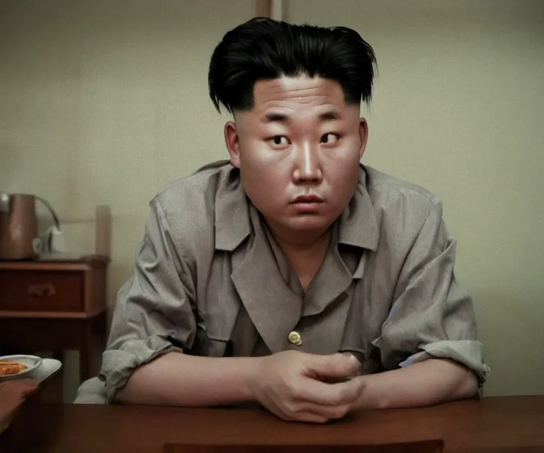 Image similar to hyperralism pineapple express movie still photography of real detailed north korean kim chen with detailed face smoking detailed weed in detailed basement bedroom hyperrealism photography by araki nobuyoshi