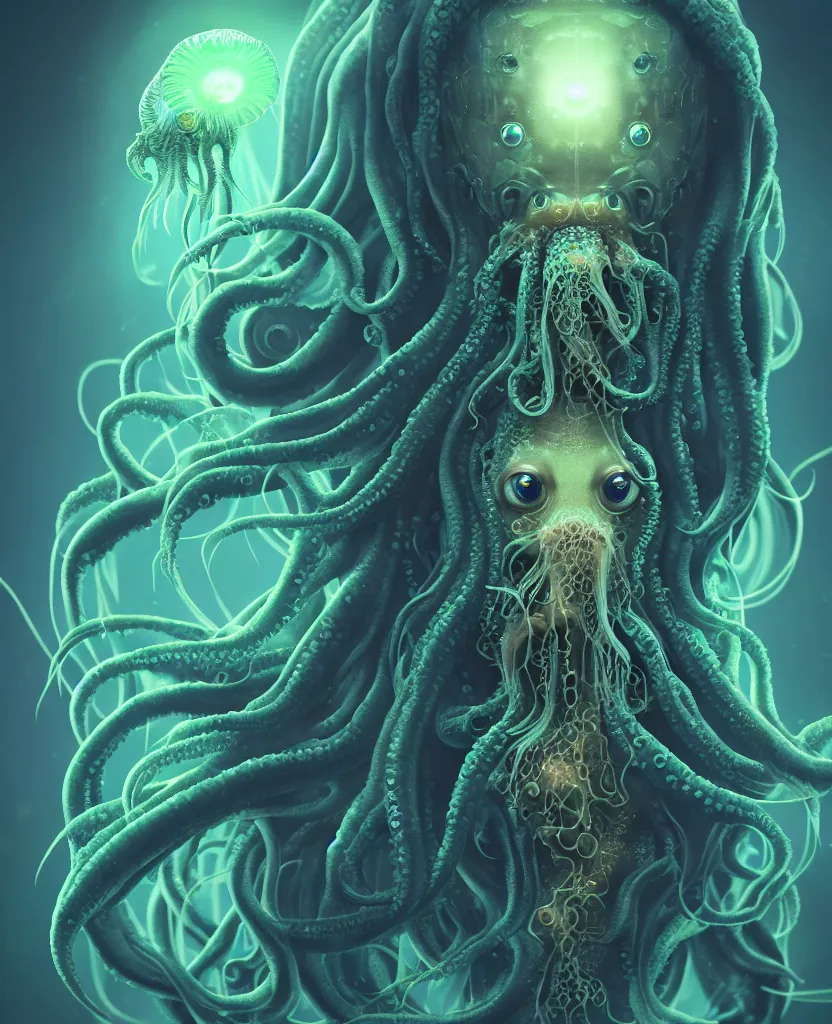 Image similar to cthulhu goddess close - up portrait, squid coming from woman eyes, phoenix jellyfish, orchid, betta fish, bioluminiscent, intricate artwork by tooth wu and wlop and beeple. octane render, trending on artstation, greg rutkowski very coherent symmetrical artwork. cinematic, hyper realism, high detail, octane render, 8 k