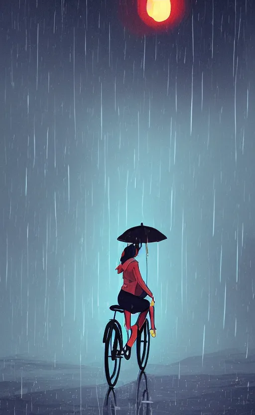 Prompt: a beautiful illustration of a woman riding a bicycle in a rainy night, fiery particles, anime aesthetic, midnight theme, depth of field, bokeh, composition study, featured on artstation, by ilya kuvshinov, vertical orientation