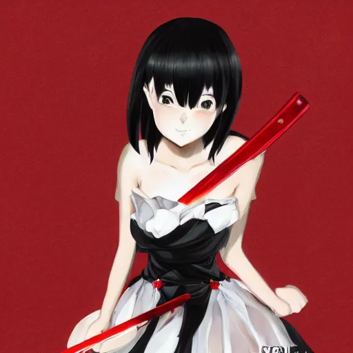 Prompt: award winning digital painting of a black haired hime cut anime girl with red dress and red eyes, holding black blade, portrait made by Stanley Artgerm, WLOP, Rossdraws, James Jean Andrei Riabovitchev, Marc Simonetti, Yoshitaka Amano, Artstation, detailed artwork trending on Pixiv.jp, danbooru, skeb, sakimichan
