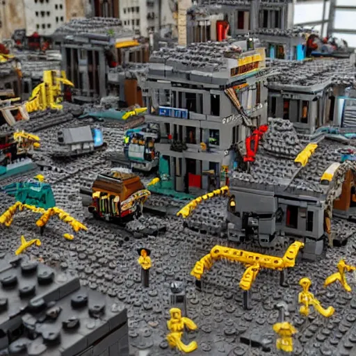 Image similar to post - apocalyptic lego - city, very detailed photo, ambient light, grotesque mood