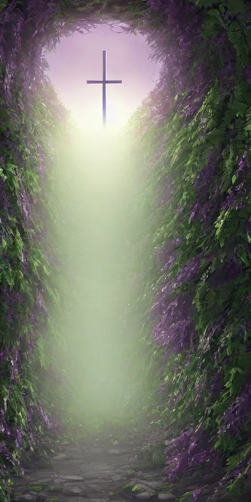 Prompt: a christian cross as the light at the end of the tunnel, with pale purple and pale pink lighting, with a few vines and overgrowth, studio ghibli, cinematic, realistic painting, high definition, digital art, symmetrical, very detailed, extremely high detail, photo realistic, concept art, unreal engine 5,